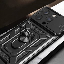 Šarvuotas dėklas su stovu ir kameros dangteliu iPhone 15 Pro Max Hybrid Armor Camshield - rožinis