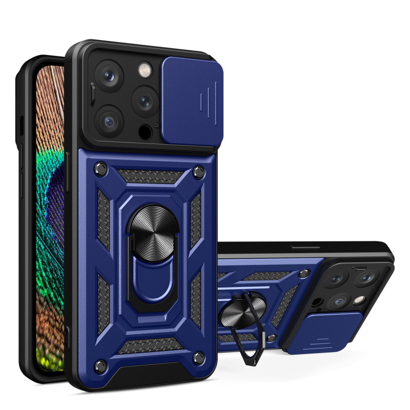 Šarvuotas dėklas su stovu ir kameros dangteliu iPhone 15 Pro Max Hybrid Armor Camshield - mėlynas
