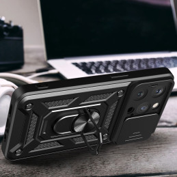 Šarvuotas dėklas su stovu ir kameros dangteliu iPhone 15 Pro Max Hybrid Armor Camshield - mėlynas
