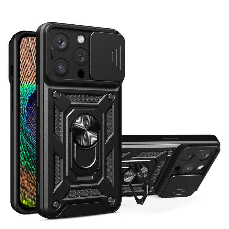 Šarvuotas dėklas su stovu ir fotoaparato apsauga iPhone 15 Pro Max Hybrid Armor Camshield - juodas