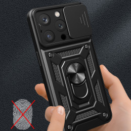 Šarvuotas dėklas su stovu ir kameros dangteliu iPhone 15 Pro Hybrid Armor Camshield - mėlynas