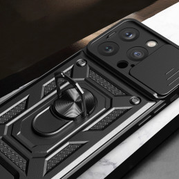 Šarvuotas dėklas su stovu ir kameros dangteliu iPhone 15 Pro Hybrid Armor Camshield - mėlynas