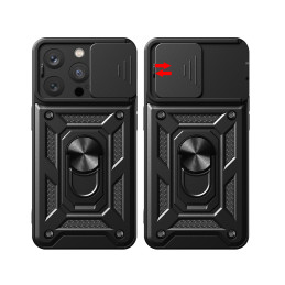 Šarvuotas dėklas su stovu ir kameros dangteliu iPhone 15 Pro Hybrid Armor Camshield - juodas