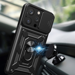Šarvuotas dėklas su stovu ir kameros dangteliu iPhone 15 Pro Hybrid Armor Camshield - juodas