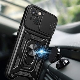 Šarvuotas dėklas su stovu ir kameros dangteliu iPhone 15 Plus Hybrid Armor Camshield - rožinis