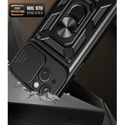 Šarvuotas dėklas su stovu ir kameros dangteliu iPhone 15 Plus Hybrid Armor Camshield - mėlynas