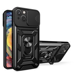 Šarvuotas dėklas su stovu ir kameros dangteliu iPhone 15 Plus Hybrid Armor Camshield - juodas