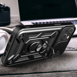 Šarvuotas dėklas su stovu ir kameros dangteliu iPhone 15 Plus Hybrid Armor Camshield - juodas