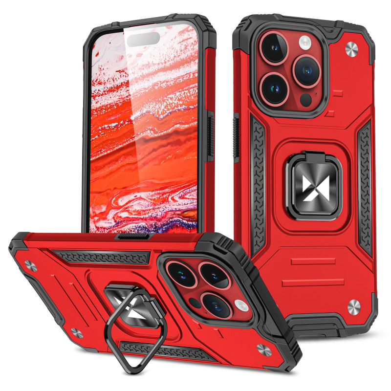 Wozinsky Ring Armor šarvuotas dėklas su pirštų laikikliu iPhone 15 Pro - raudonas