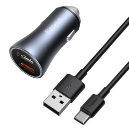 Baseus Golden Contactor Pro greitas automobilinis įkroviklis 2x USB 40 W Quick Charge SCP FCP AFC + USB - USB Type C kab...