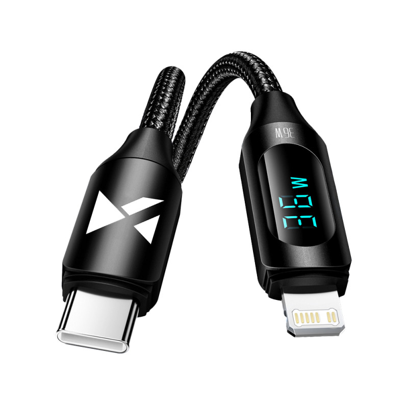 Wozinsky WUCLC2 Lightning – USB-C 36W 480Mb/ s 2m laidas su ekranu – juodas