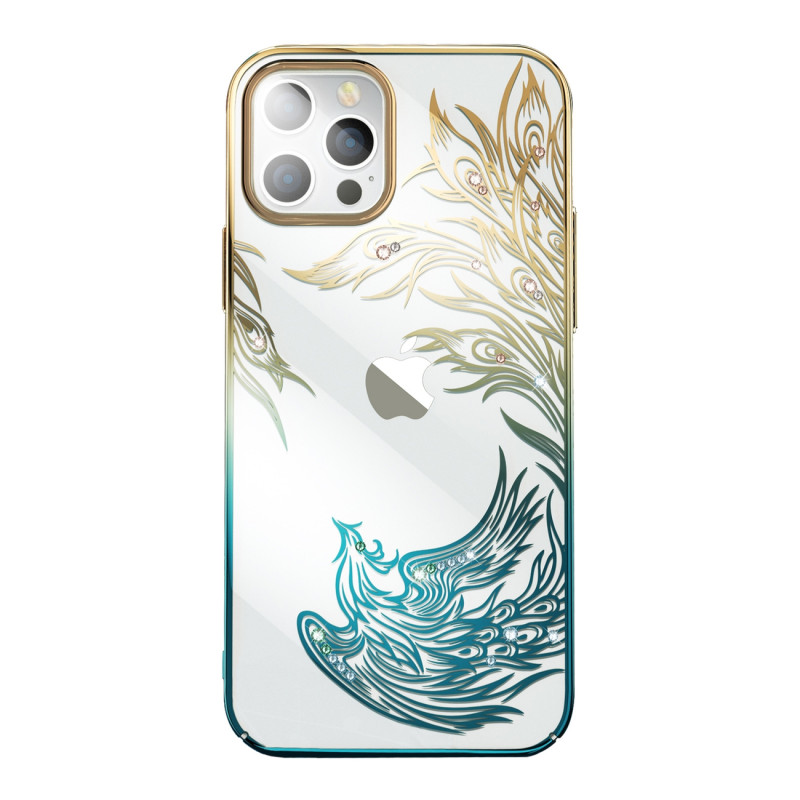 Prabangus iPhone 14 Plus dėklas su Kingxbar Phoenix kristalais – aukso ir mėlynos spalvos
