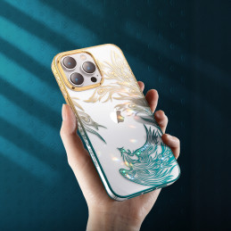 Prabangus iPhone 14 Plus dėklas su Kingxbar Phoenix kristalais – aukso ir mėlynos spalvos