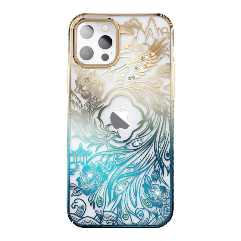 Prabangus iPhone 14 Plus dėklas su Kingxbar Phoenix kristalais – aukso ir mėlynos spalvos