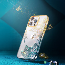 Prabangus iPhone 14 Pro dėklas su Kingxbar Phoenix kristalais – aukso ir mėlynos spalvos