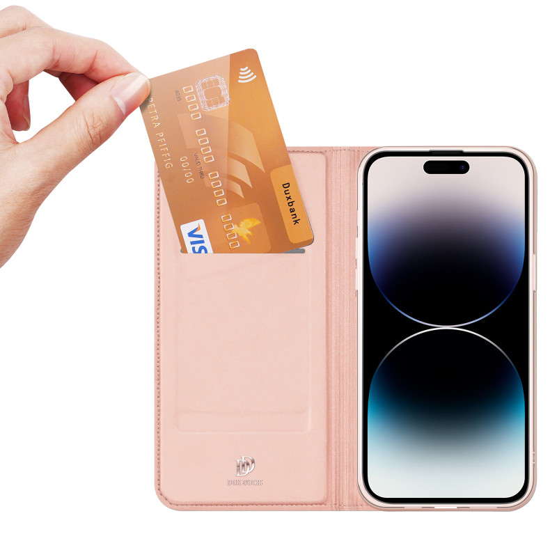 Dux Ducis Skin Pro iPhone 15 Pro dėklas su atvartu ir pinigine - rožinė