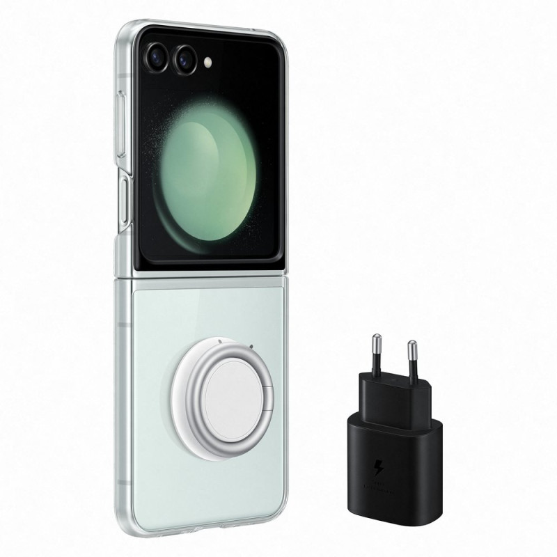 Silikoninis prietaisų dėklas, skirtas Samsung Galaxy Z Flip 5 + USB C 25W sieninis įkroviklis - skaidrus