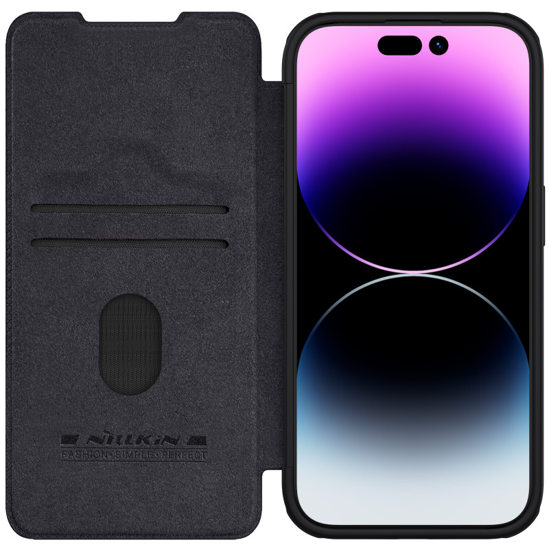 Nillkin Qin Pro odinis atverčiamas dėklas su fotoaparato dangteliu, skirtas iPhone 15 Pro Max – juodas
