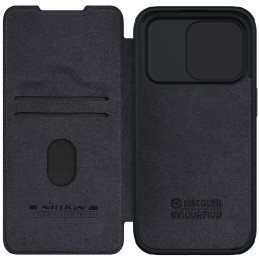 Nillkin Qin Pro odinis atverčiamas dėklas su fotoaparato dangteliu, skirtas iPhone 15 Pro Max – juodas
