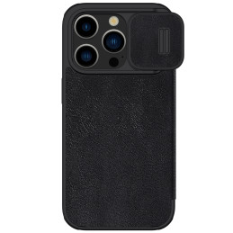 Nillkin Qin Pro odinis atverčiamas dėklas su fotoaparato dangteliu, skirtas iPhone 15 Pro Max – juodas