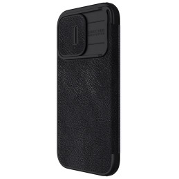 Nillkin Qin Pro odinis atverčiamas dėklas su fotoaparato dangteliu, skirtas iPhone 15 Pro Max – juodas