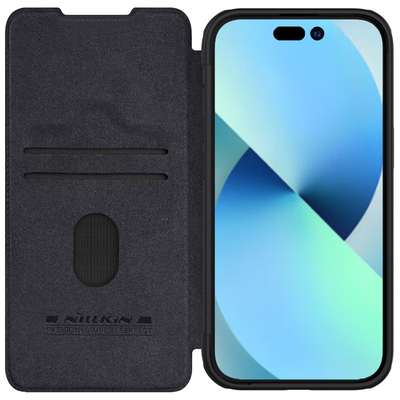 Nillkin Qin Pro odinis atverčiamas dėklas, skirtas iPhone 15 su fotoaparato apsauga – juodas