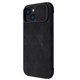 Nillkin Qin Pro odinis atverčiamas dėklas, skirtas iPhone 15 su fotoaparato apsauga – juodas