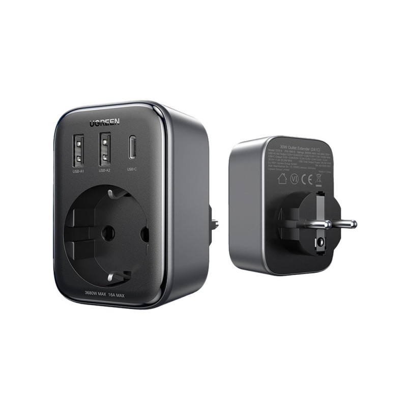 30W tinklo įkroviklis (2xUSB/ USB C/ AC) / EU adapteris - EU 13A Ugreen CD314 - juodas
