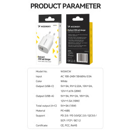 Wozinsky WGWCW USB-A USB-C 20W sieninis įkroviklis - baltas