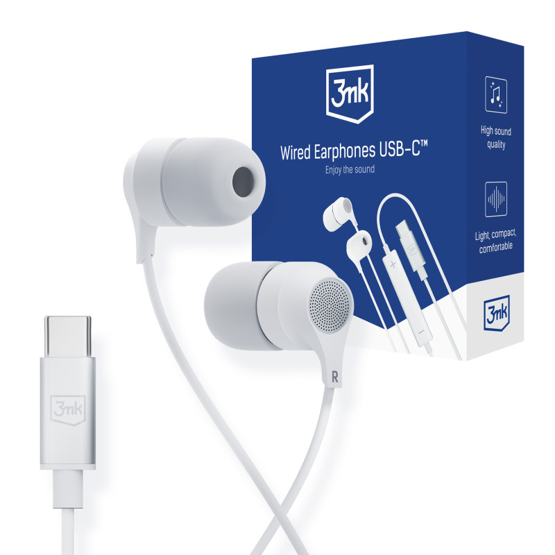 3mk Wired Headphones laidinės ausinės su USB-C jungtimi – baltos spalvos