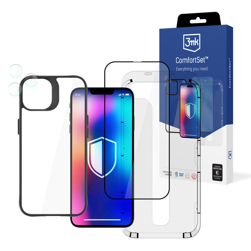 3mk komforto rinkinys 4 viename, skirtas iPhone 13 Pro – dėklas, 2x stiklas, aplikacijos rėmelis