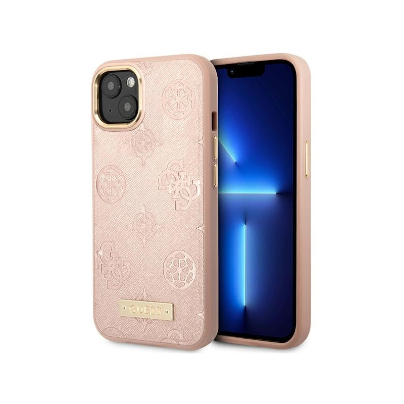 Guess Peony Logo Plate MagSafe dėklas iPhone 14 - rožinis