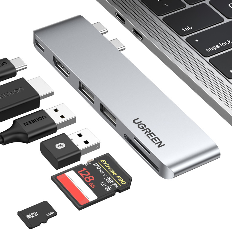 HUB Ugreen CM380 2xUSB C – HDMI/ 2xUSB 3.0/ SDTF/ USB C PD – pilka