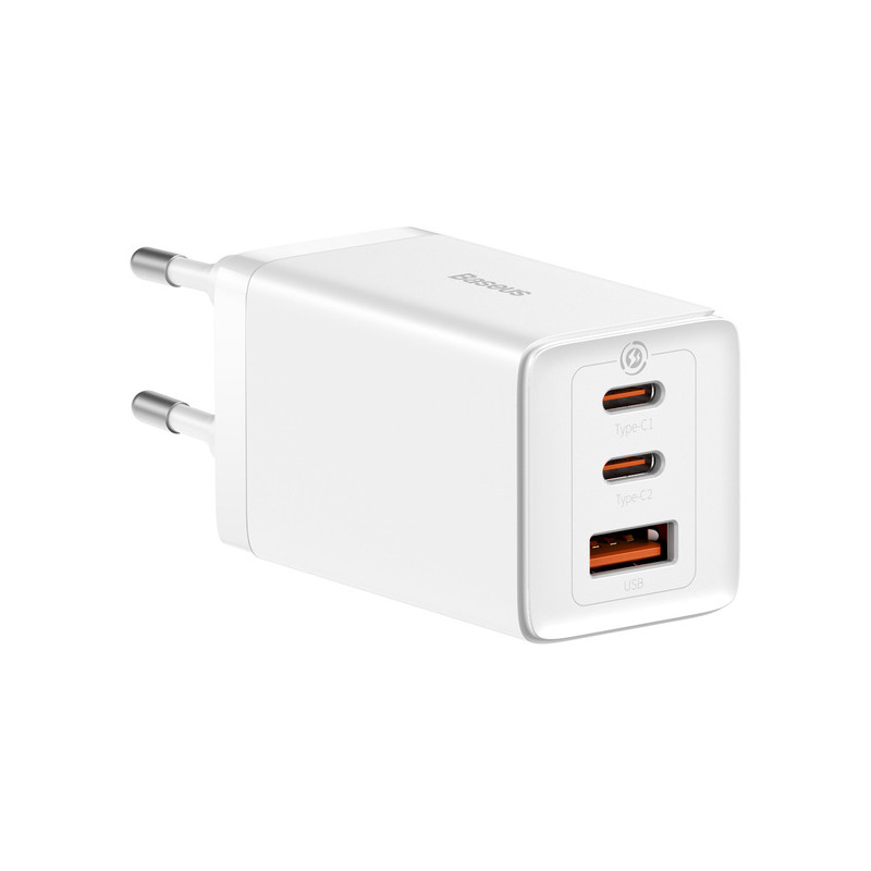 GaN greitas įkroviklis 2xUSB C 1xUSB 65W Baseus GaN5 Pro + USB C - USB C 100W laidas - baltas