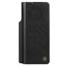 Nillkin Qin Leather Pro odinis dėklas su fotoaparato apsauga, skirtas Samsung Galaxy Z Fold 5 – juodas