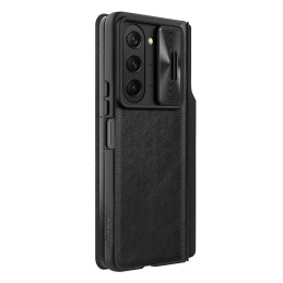 Nillkin Qin Leather Pro odinis dėklas su fotoaparato apsauga, skirtas Samsung Galaxy Z Fold 5 – juodas