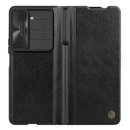 Nillkin Qin Leather Pro odinis dėklas su fotoaparato apsauga, skirtas Samsung Galaxy Z Fold 5 – juodas
