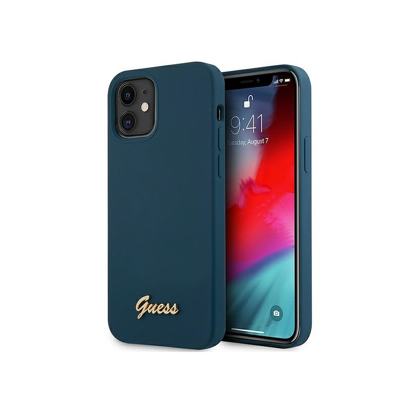 Guess Metal Logo Script dėklas iPhone 12 mini - mėlynas
