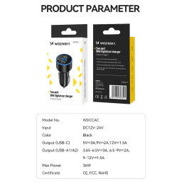 Wozinsky WDCCAC USB-C USB-A 36W automobilinis įkroviklis - juodas