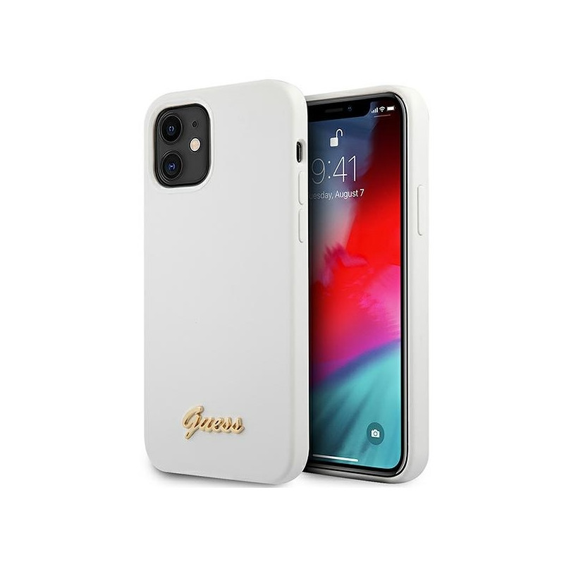 Guess Metal Logo Script dėklas iPhone 12 mini - baltas