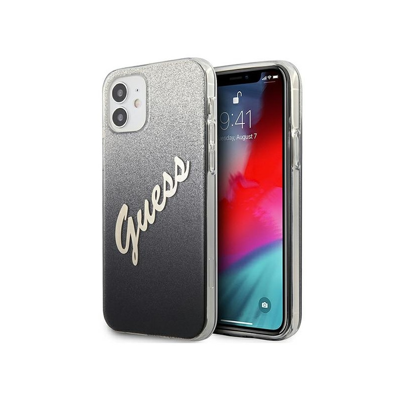 Guess Glitter Gradient Script dėklas iPhone 12 mini - juodas