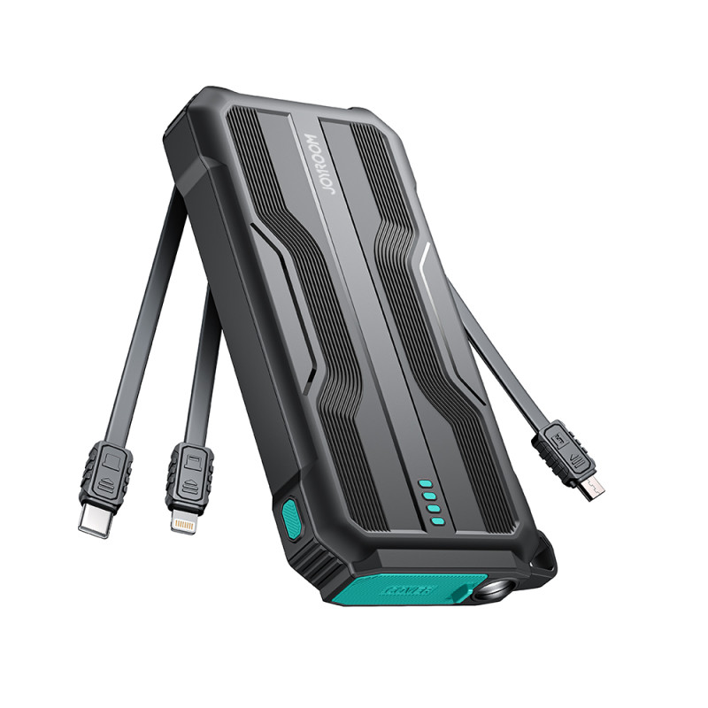 Powerbank 10000mAh Joyroom JR-L016 su įmontuotais USB-C/ mikro USB/ Lightning laidais – juodas