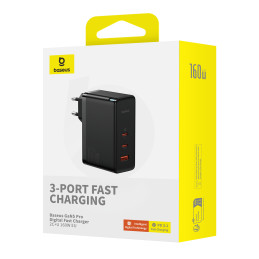 Baseus GaN5 Pro GaN tinklo įkroviklis 2x USB-C / USB-A 160W - juodas + USB-C - USB-C 240W laidas - juodas
