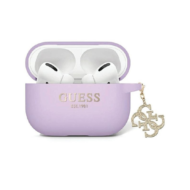 Guess Liquid Silicone Glitter Triangle Charm dėklas, skirtas AirPods Pro 2 – violetinė