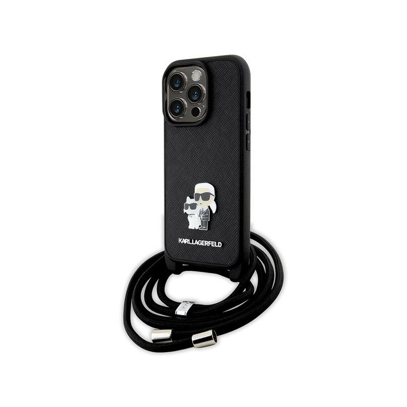 Karl Lagerfeld Crossbody Saffiano Metal Pin Karl&Choupette dėklas iPhone 14 Pro - juodas