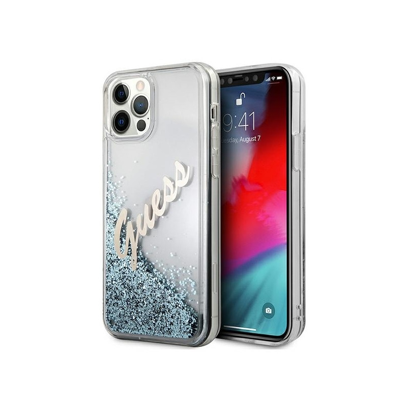 Guess Glitter Vintage Script dėklas, skirtas iPhone 12 Pro Max – mėlynas
