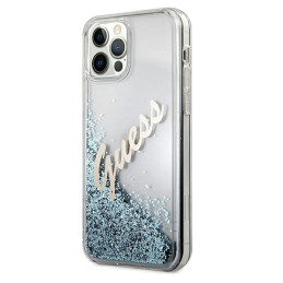 Guess Glitter Vintage Script dėklas, skirtas iPhone 12 Pro Max – mėlynas