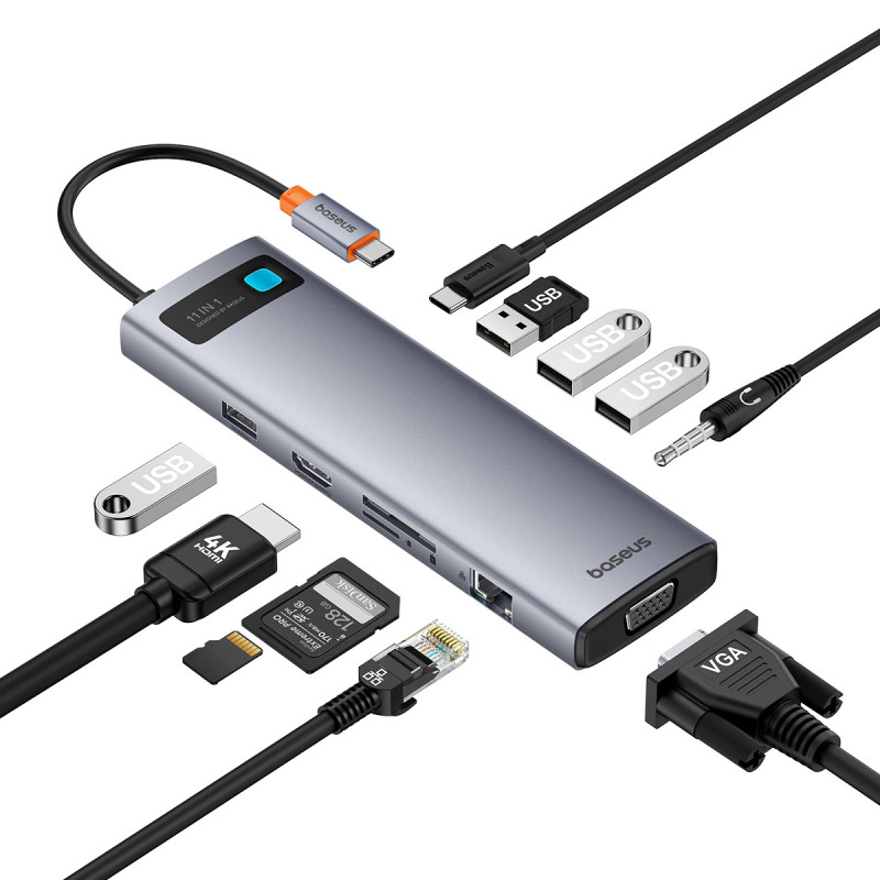 HUB 11in1 Baseus Metal Gleam Series USB-C į USB-C PD / 3x USB-A 3.0 / USB-A 2.0 / HDMI / VGA / AUX / RJ-45 / SD TF - pil...
