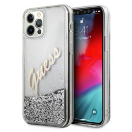 Guess Glitter Vintage Script dėklas, skirtas iPhone 12 Pro Max – sidabrinis