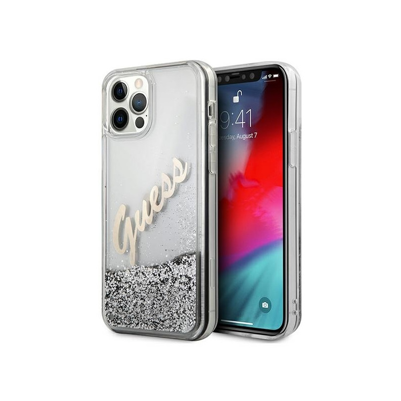 Guess Glitter Vintage Script dėklas, skirtas iPhone 12 Pro Max – sidabrinis
